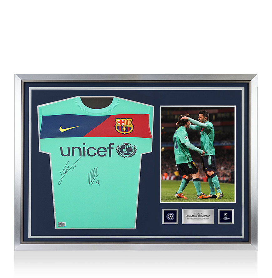 Lionel Messi & David Villa Official UEFA Champions League Front Signed and Hero Framed FC Barcelona 2010-11 Away Shirt