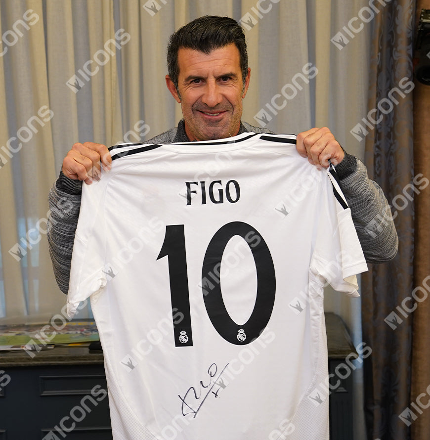 Luis Figo Official UEFA Champions League Back Signed and Framed Real Madrid 2024-25 Home Shirt