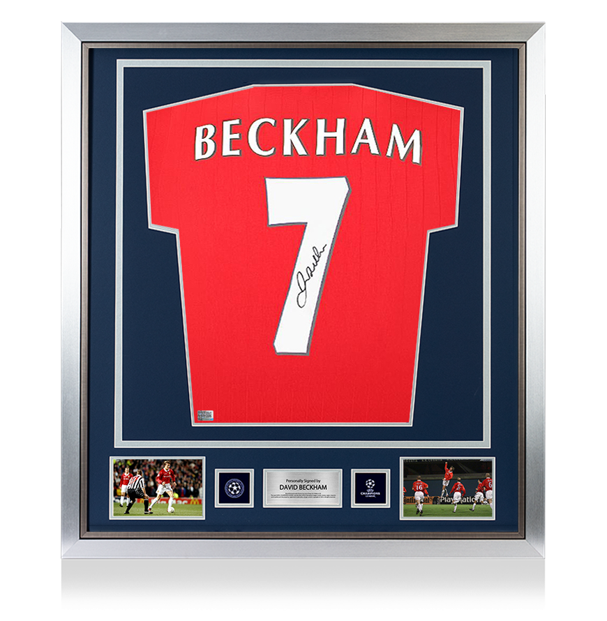 David Beckham Official UEFA Champions League Back Signed and Framed Manchester United 2022-23 Home Shirt with Fan Style Number