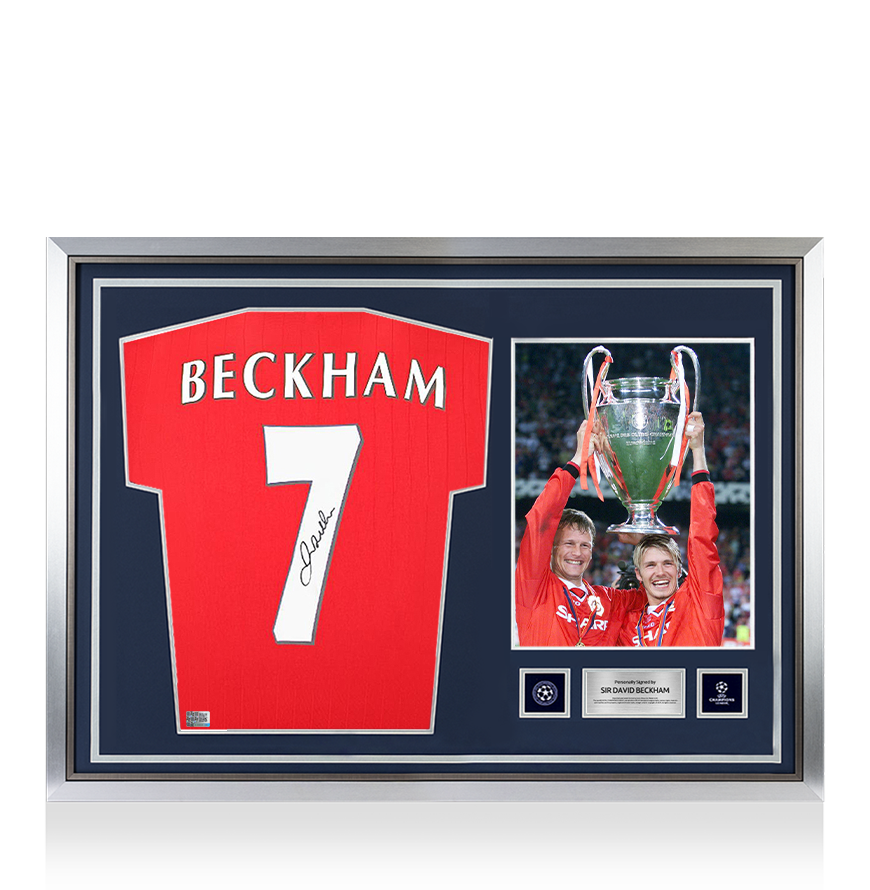 David Beckham Official UEFA Champions League Back Signed and Hero Framed Manchester United 2022-23 Home Shirt with Fan Style Number