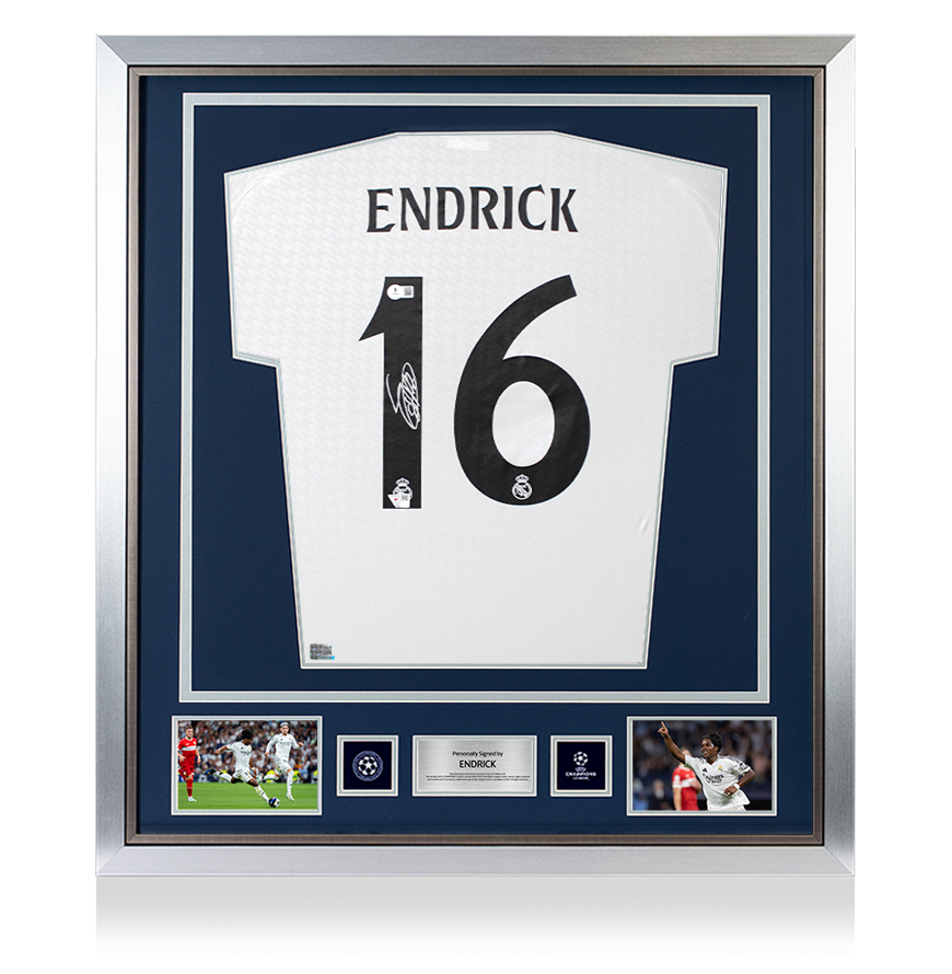 Endrick Official UEFA Champions League Back Signed and Framed Real Madrid CF 2024-25 Home Shirt