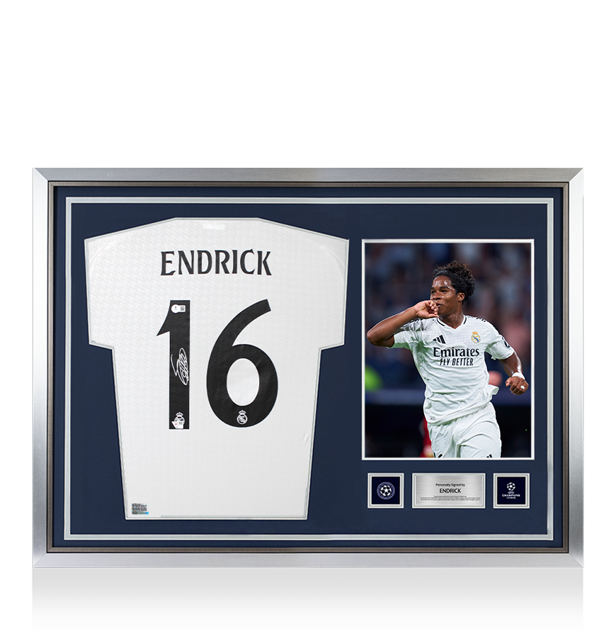 Endrick Official UEFA Champions League Back Signed and Hero Framed Real Madrid CF 2024-25 Home Shirt