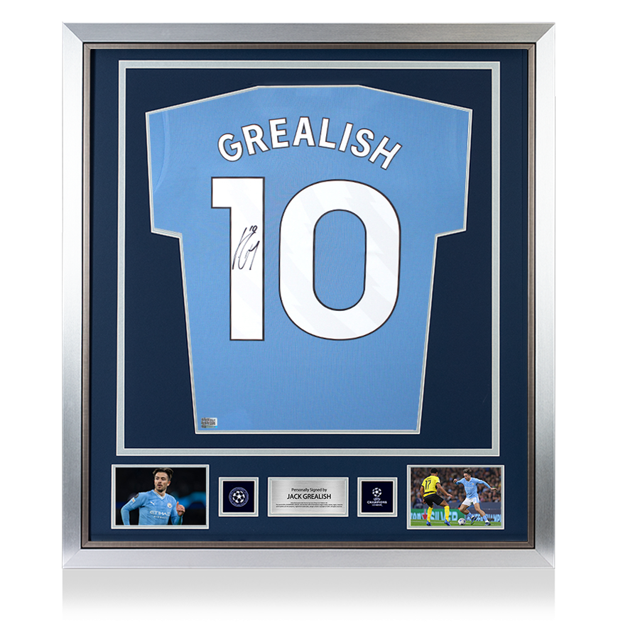 Maillot officiel de l'UEFA Champions League signé et encadré par Jack Grealish pour Manchester City 2024-25
