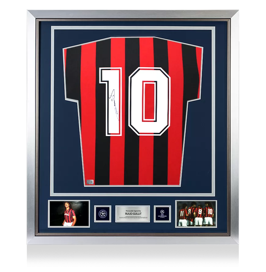 Ruud Gullit Officiel UEFA Champions League en arrière signé et encadré AC Milan 1988 Chemise à domicile
