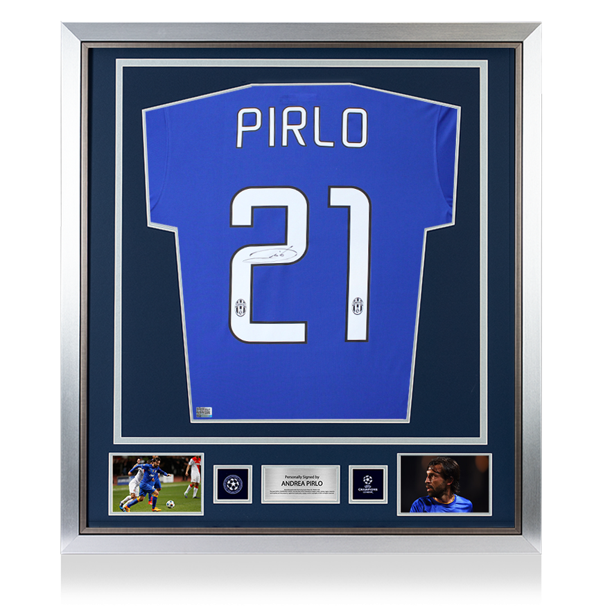 Camiseta oficial de visitante de la Juventus 2014-15 firmada y enmarcada de Andrea Pirlo para la UEFA Champions League