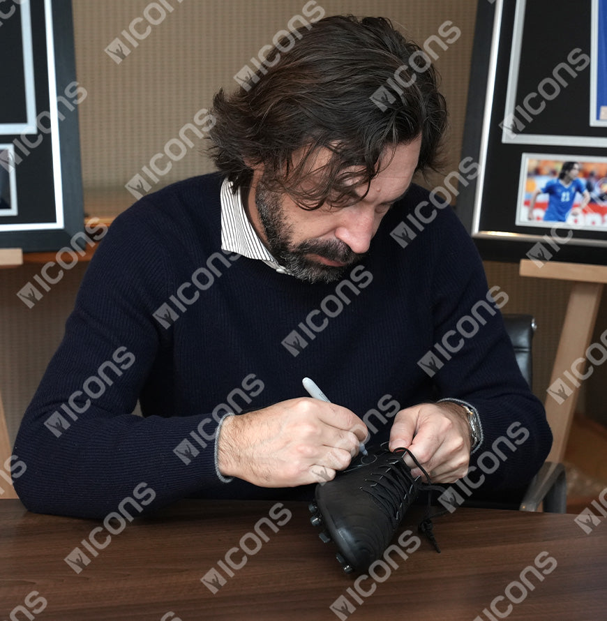 Andrea Pirlo Official UEFA Champions League Signed Nike Tiempo Black Boot In Photo Acrylic Case: Option 1