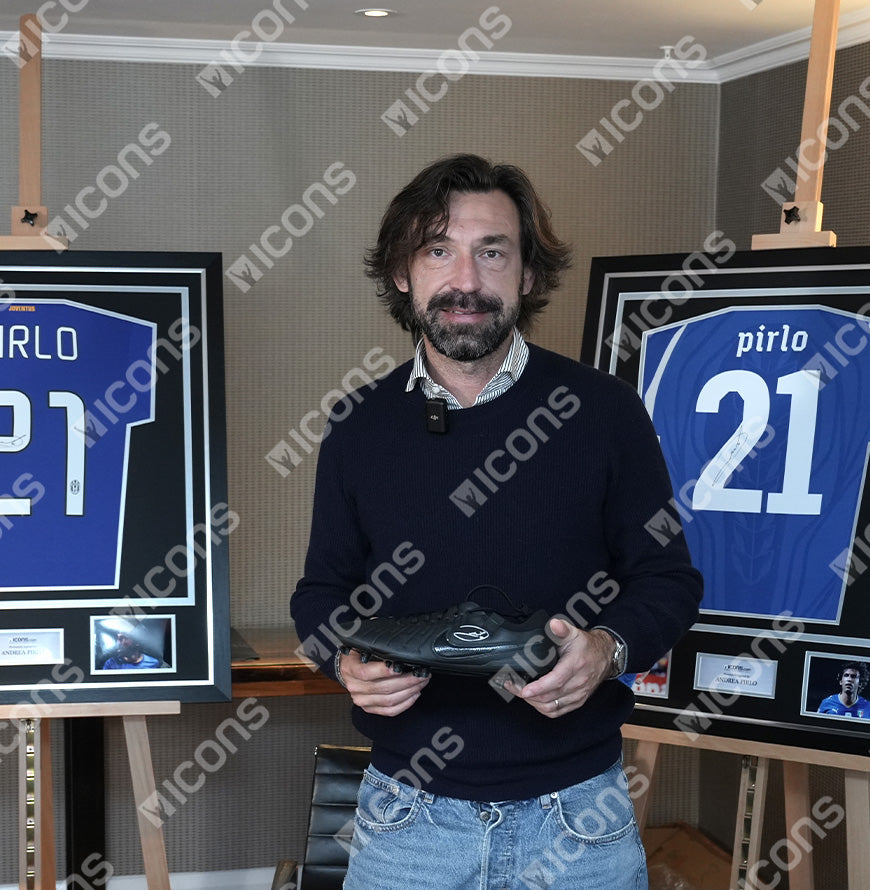 Andrea Pirlo Official UEFA Champions League Signed Nike Tiempo Black Boot In Photo Acrylic Case: Option 1