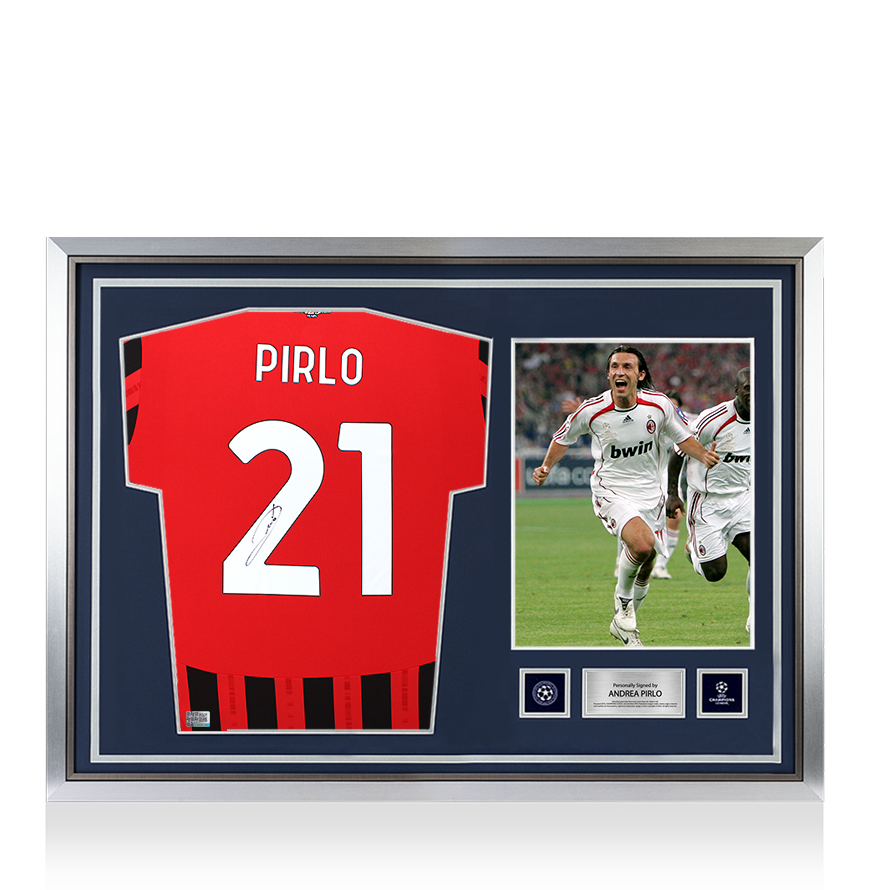 Andrea Pirlo Official UEFA Champions League Back Signed and Hero Framed AC Milan 2024-25 Home Shirt With Fan Style Numbers