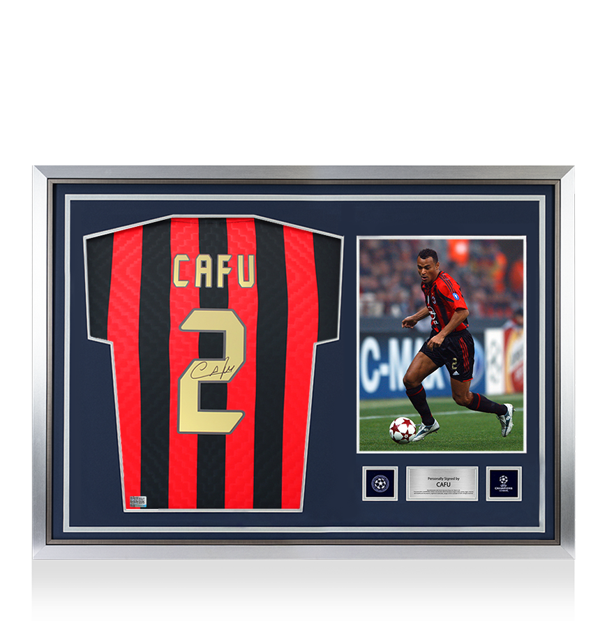 Cafu Official UEFA Champions League Back Signed and Hero Framed AC Milan Retro Home Shirt