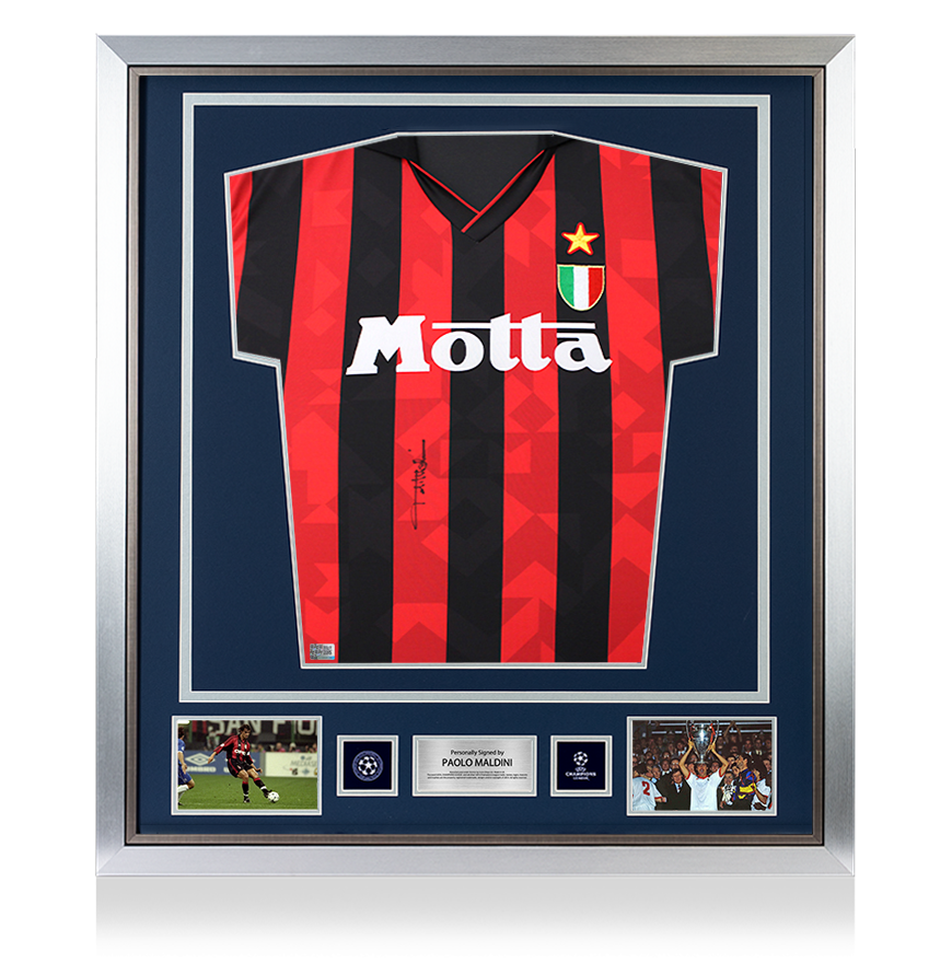 Paolo Maldini front signed AC Milan 1994 home shirt framed