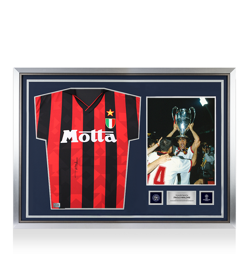 Paolo Maldini front signed AC Milan 1994 home shirt hero framed