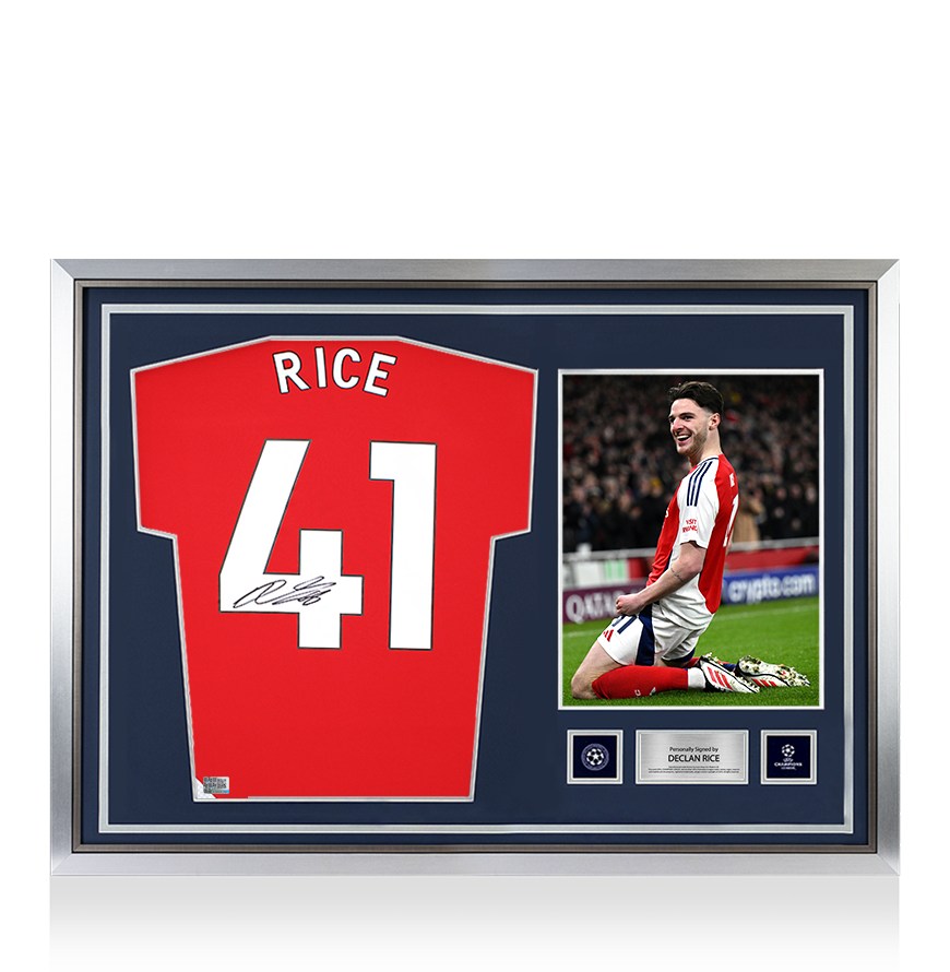 Declan Rice Official UEFA Champions League Back Signed and Hero Framed Arsenal 2024-25 Home Shirt with Fan Style Numbers