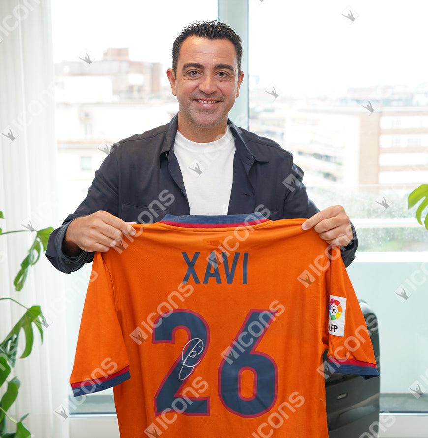 Xavi Offizieller UEFA Champions League Back Signiert und Heldenrahmen FC Barcelona 1998-00 Drittes Hemd
