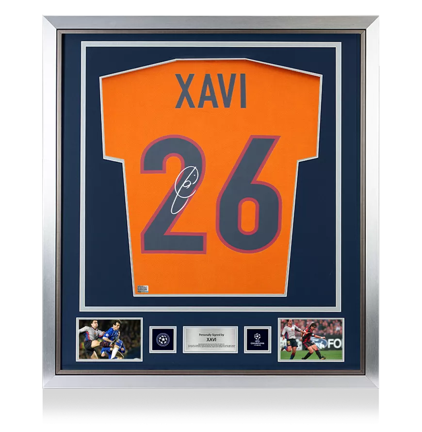 Xavi Offizieller UEFA Champions League Back unterschrieben und gerahmt FC Barcelona 1998-00 Drittes Hemd