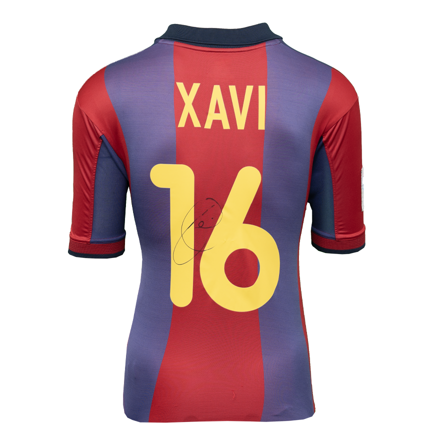 Xavi Official UEFA Champions League Back Signed and Framed FC Barcelona 2000-01 Home Shirt