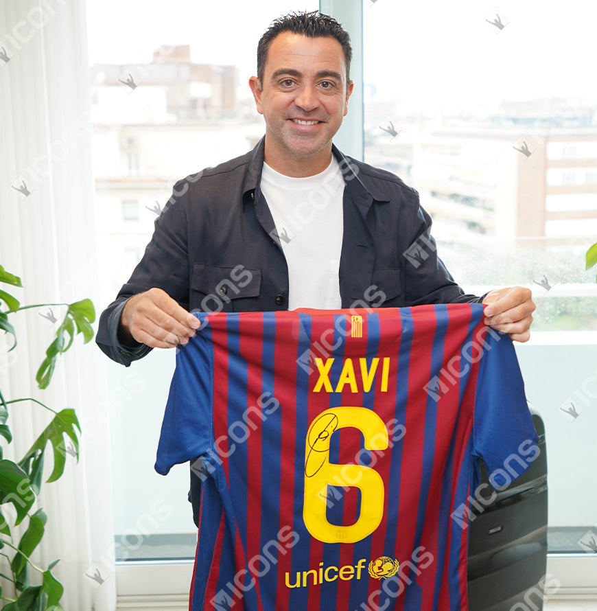 Xavi Official UEFA Champions League Back Signed and Framed FC Barcelona 2011-12 Home Shirt