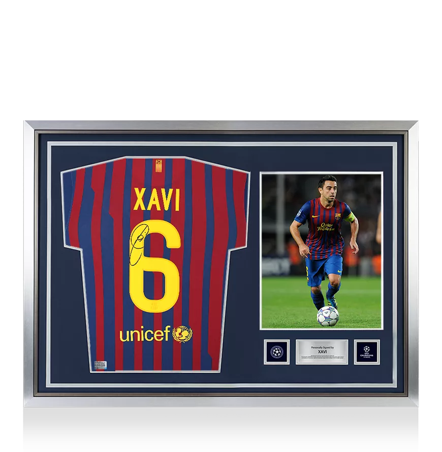 Xavi Official UEFA Champions League Back Signed and Hero Framed FC Barcelona 2011-12 Home Shirt