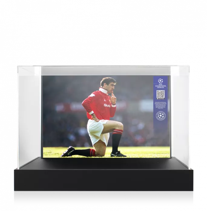 Eric Cantona Official UEFA Champions League Signed Nike Tiempo Boot In Photo Acrylic Case: Option 1