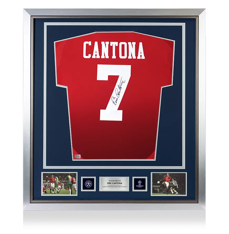 Eric Cantona Official UEFA Champions League Back Signed and Framed Manchester United 2024-25 Home Shirt with Fan Style Number
