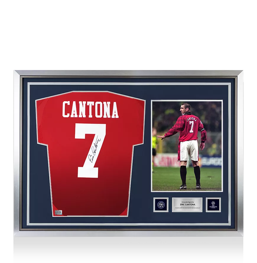 Eric Cantona Official UEFA Champions League Back Signed and Hero Framed Manchester United 2024-25 Home Shirt with Fan Style Number