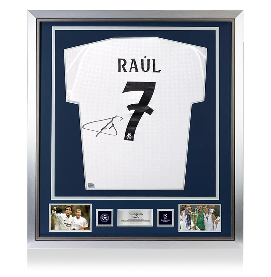 RAUL OFICIAL DE CAMPEÑA DE CAMPEONES DE RAUL Firmado y enmarcado Real Madrid 2024-25 Camiseta en casa