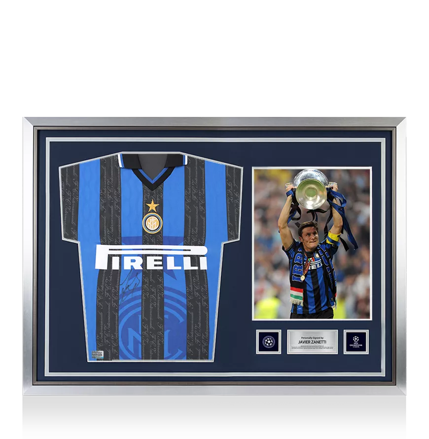 Javier Zanetti Official UEFA Champions League Front Signed and Hero Framed Internazionale 1998 Home Shirt