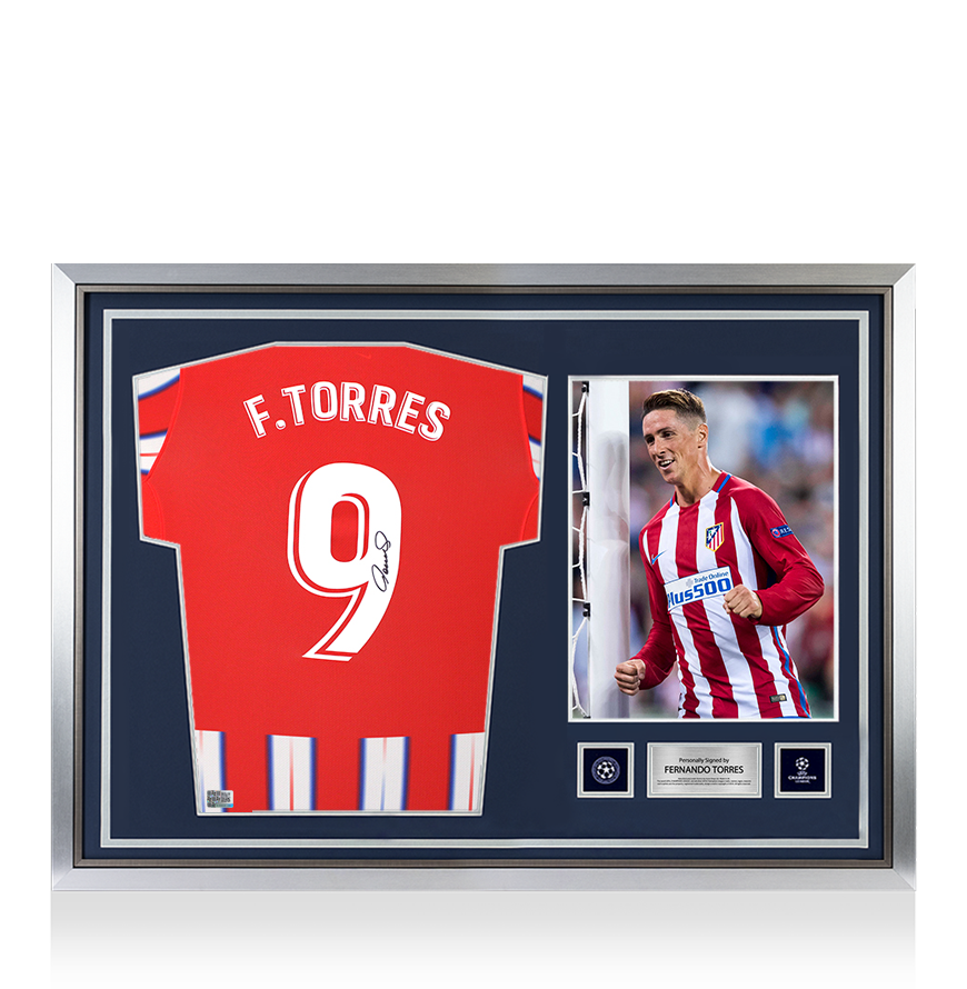 Fernando Torres Official UEFA Champions League Back Signed and Hero Framed Atletico Madrid 2024-25 Home Shirt with Fan Style Number