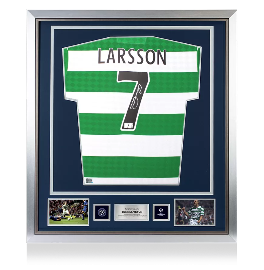 Henrik Larsson Official UEFA Champions League Back Signed and Framed Celtic Retro Home Shirt