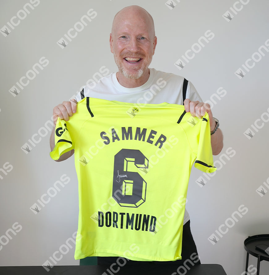 Matthias Sammer Official UEFA Champions League Back Signed and Framed Borussia Dortmund 2021-22 Home Shirt with Fan Style Number