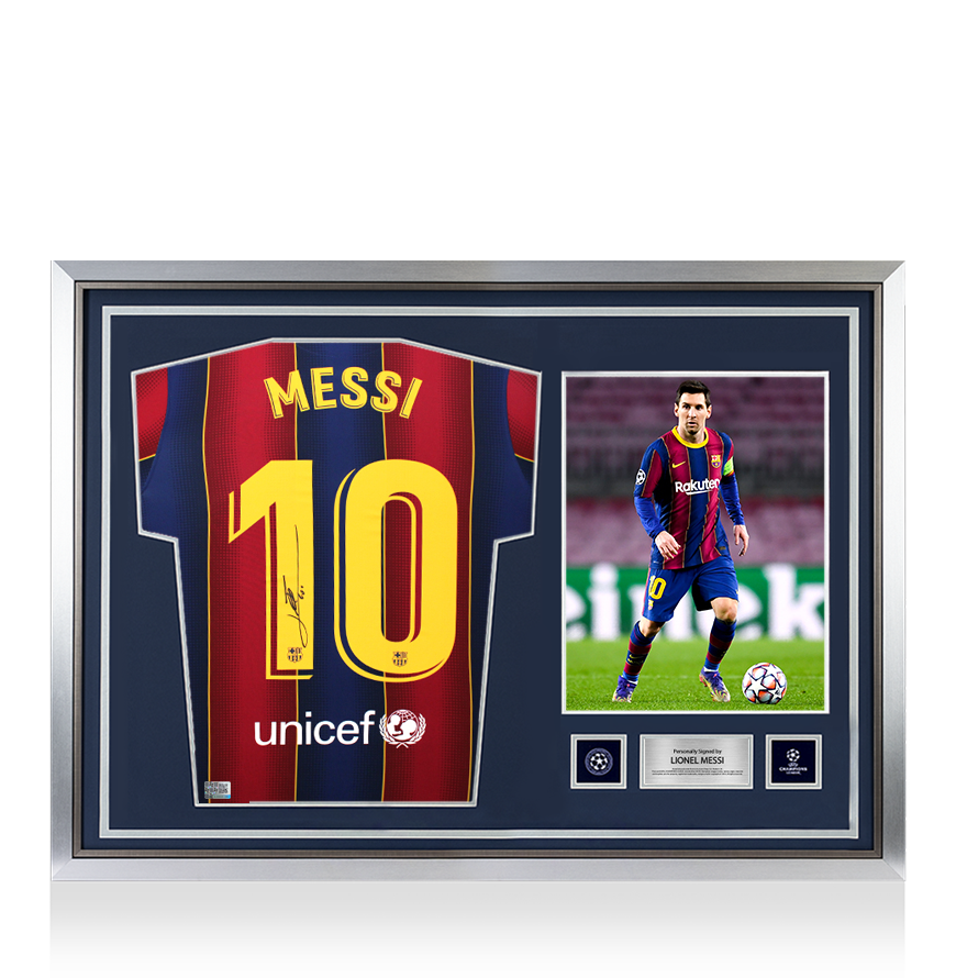 Lionel Messi Official UEFA Champions League Back Signed and Hero Framed FC Barcelona 2020-21 Home Shirt