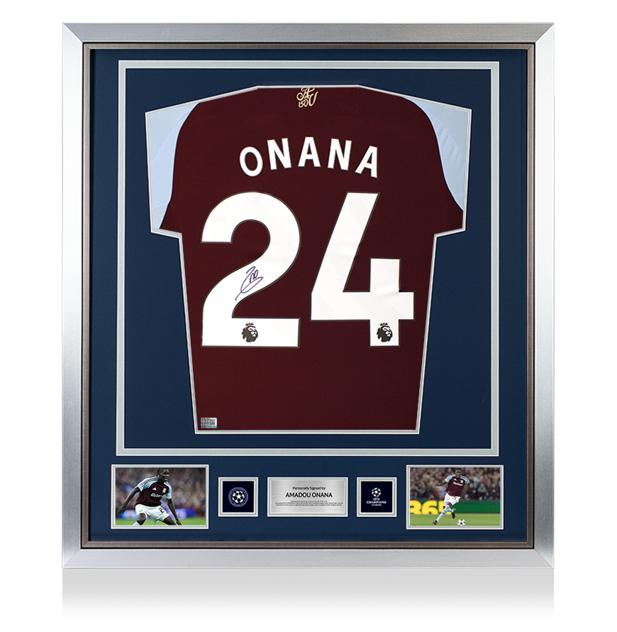 Amadou Onana Official UEFA Champions League Back Signed and Framed Aston Villa 2024-25 Home Shirt