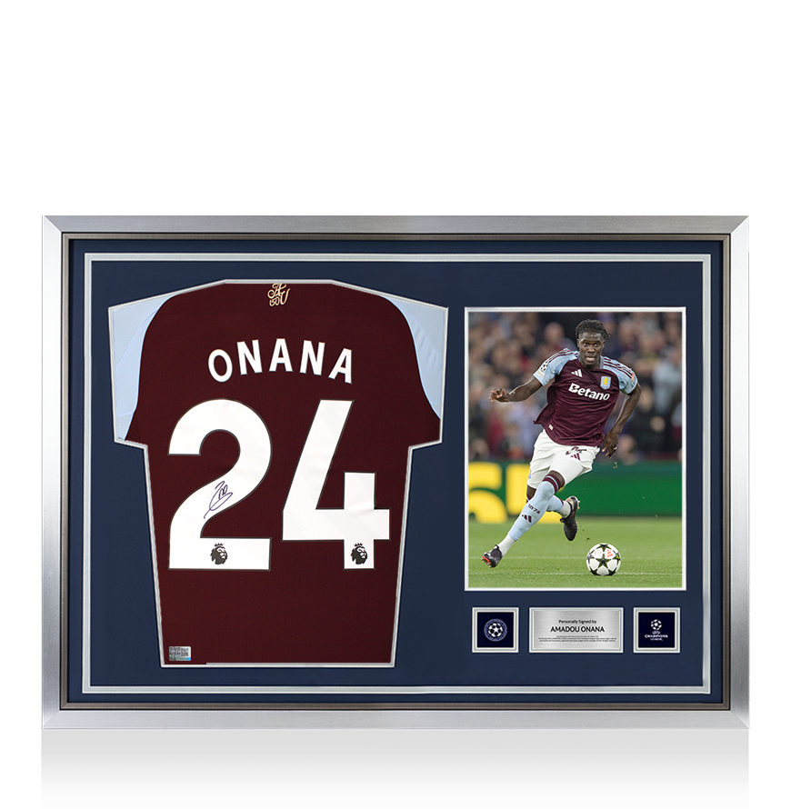 Amadou Onana Official UEFA Champions League Back Signed and Hero Framed Aston Villa 2024-25 Home Shirt