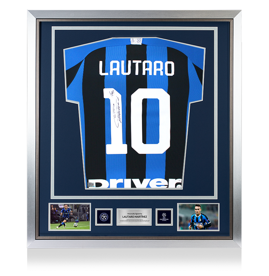 Lautaro Martinez Official UEFA Champions League Back Signed and Framed Inter Milan 2019-20 Home Shirt with Fan Style Number