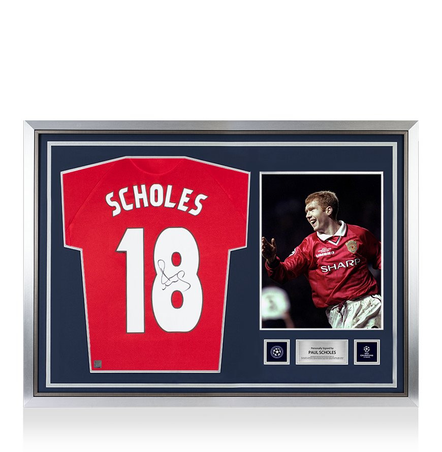 Paul Scholes Official UEFA Champions League Back Signed and Hero Framed Manchester United 1999 UEFA Champions League Shirt