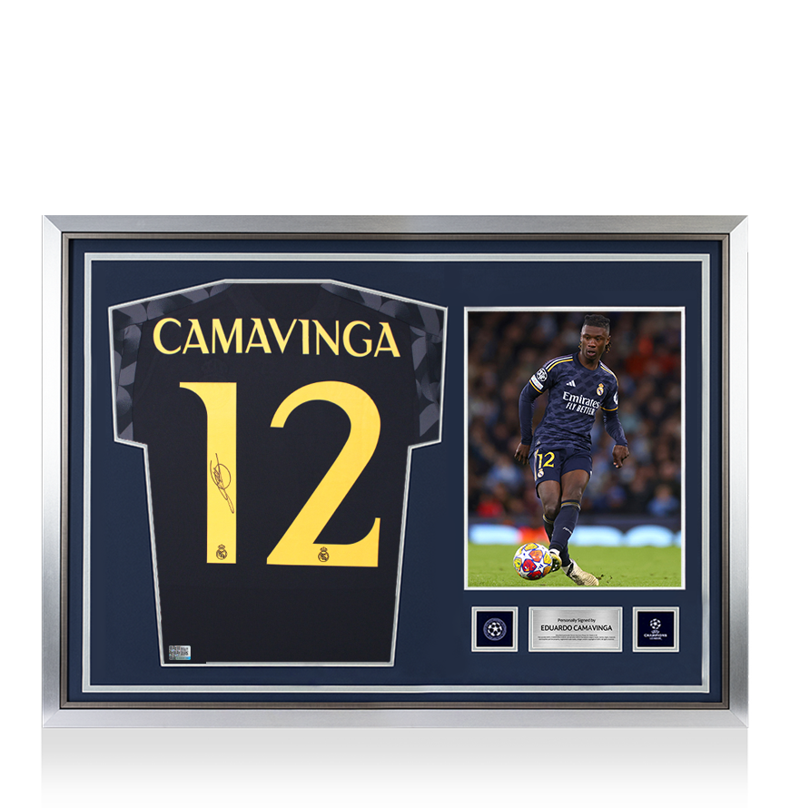Eduardo Camavinga Official UEFA Champions League Back Signed and Hero Framed Real Madrid 2023-24 Away Shirt
