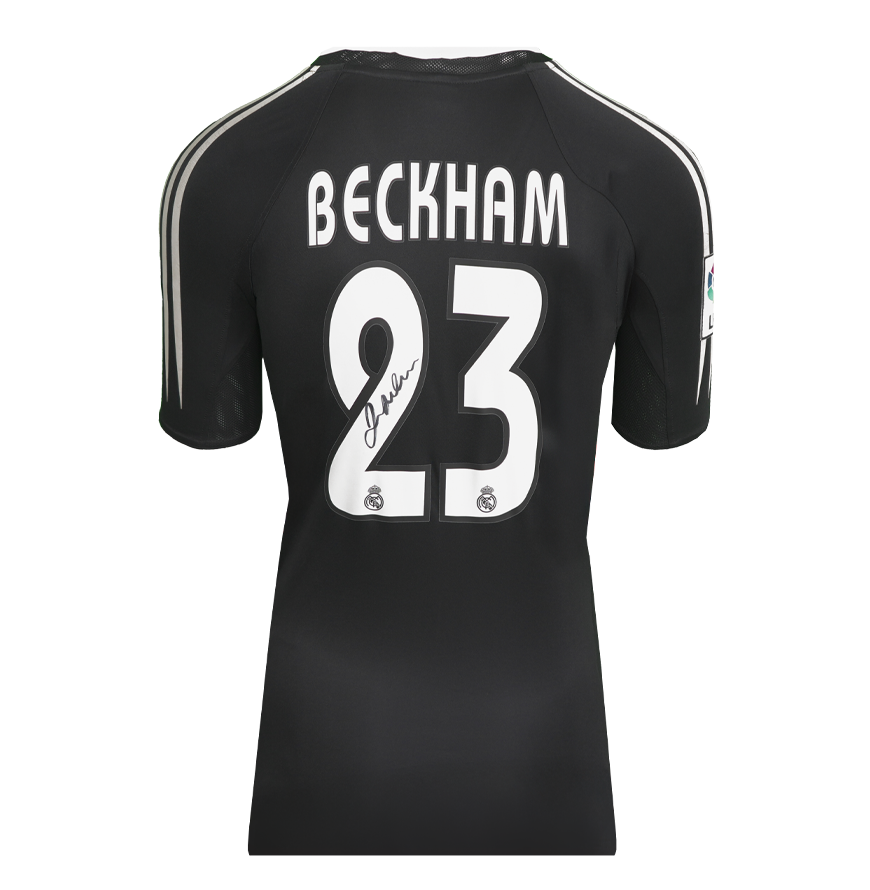 David Beckham Official UEFA Champions League Back Signed and Framed Real Madrid 2004-05 Away Shirt