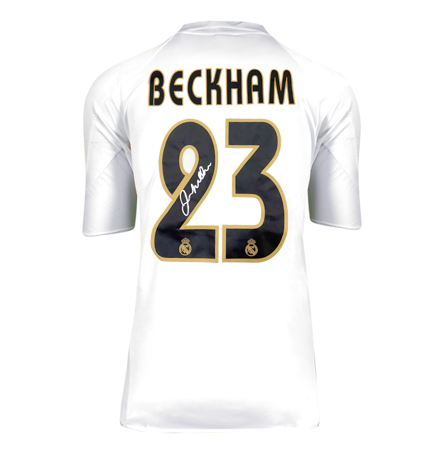 David Beckham Official UEFA Champions League Back Signed and Framed Real Madrid 2004-05 Home Shirt