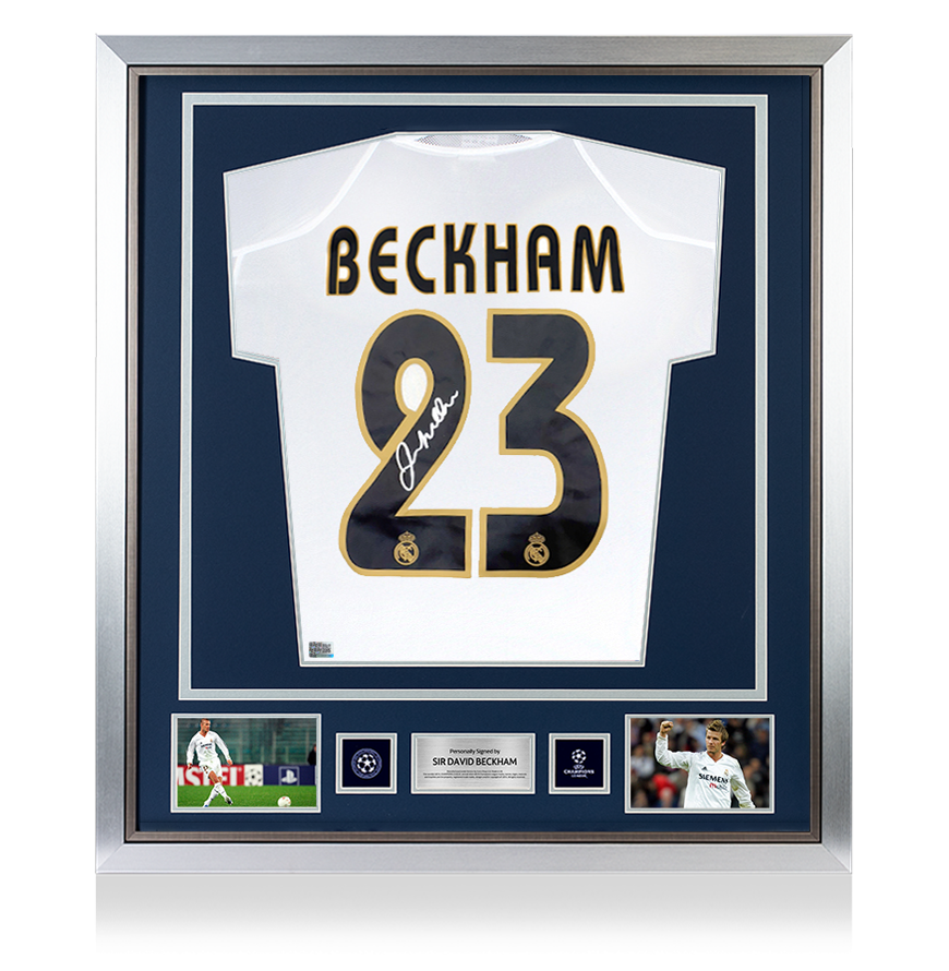 David Beckham Official UEFA Champions League Back Signed and Framed Real Madrid 2004-05 Home Shirt
