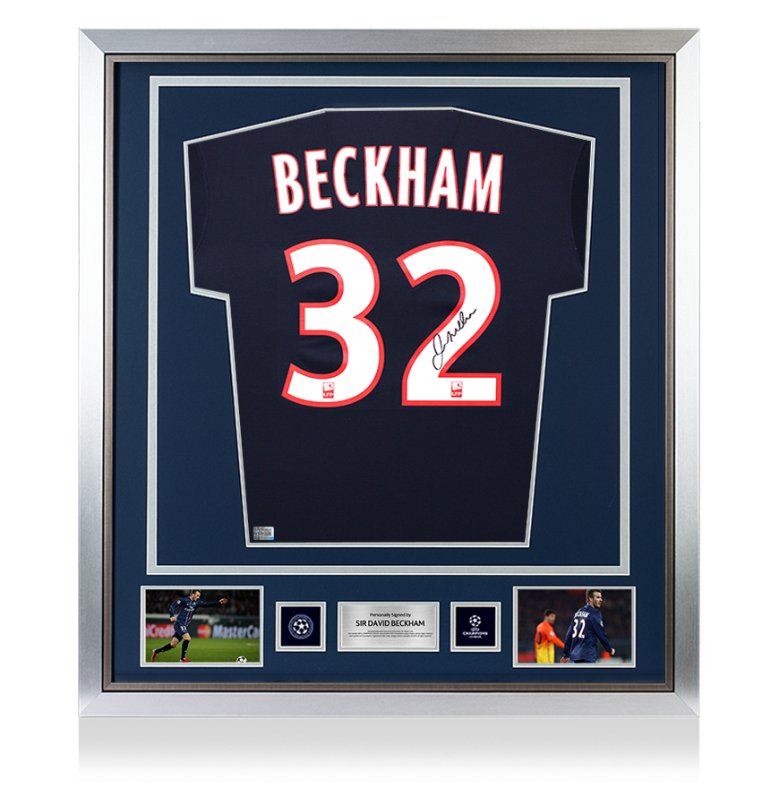 David Beckham Official UEFA Champions League Back Signed and Framed Paris Saint-Germain 2013-14 Home Shirt