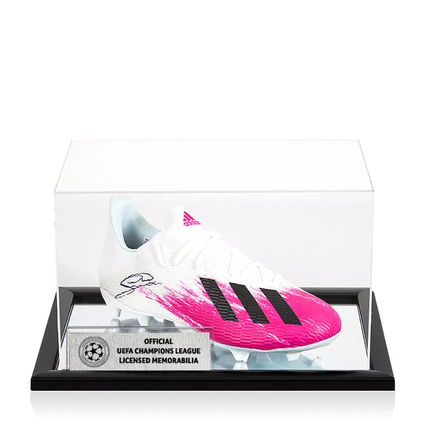 Georginio Wijnaldum Official UEFA Champions League Signed White and Pink Adidas X Boot In Acrylic Case