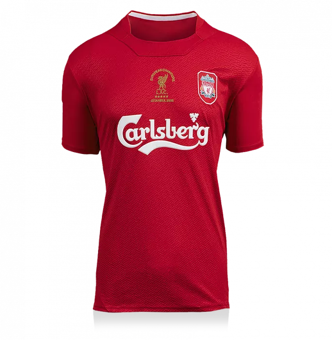Steven Gerrard Offizieller UEFA Champions League Back unterschrieben und Held gerahmt Liverpool 2005 Home -Shirt: UEFA Champions League Final Edition