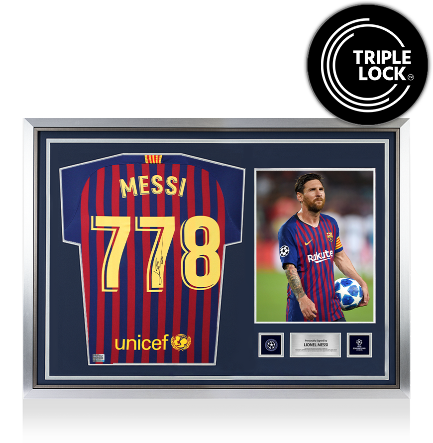 Lionel Messi Official UEFA Champions League Back Signed and Hero Framed FC Barcelona 2018-19 Home Shirt: 778 Appearances Edition
