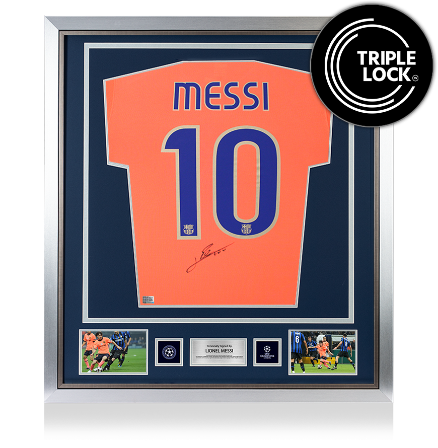 Lionel Messi Official UEFA Champions League Back Signed and Framed FC Barcelona 2009 Away Shirt