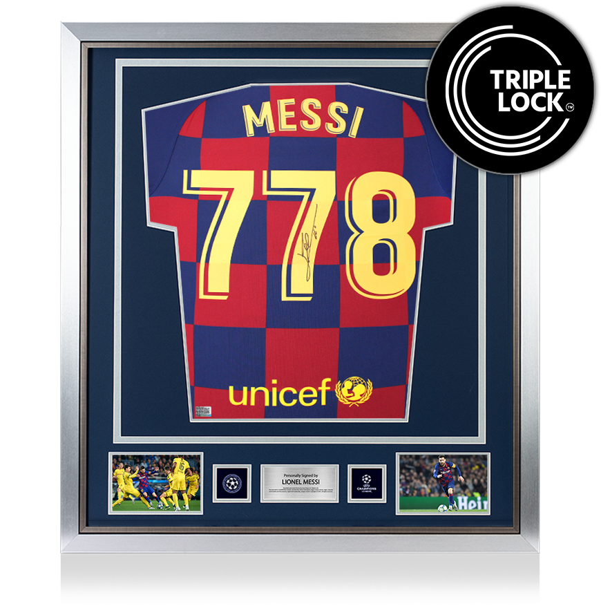 Lionel Messi Official UEFA Champions League Back Signed and Framed FC Barcelona 2019-20 Home Shirt: 778 Appearances Edition