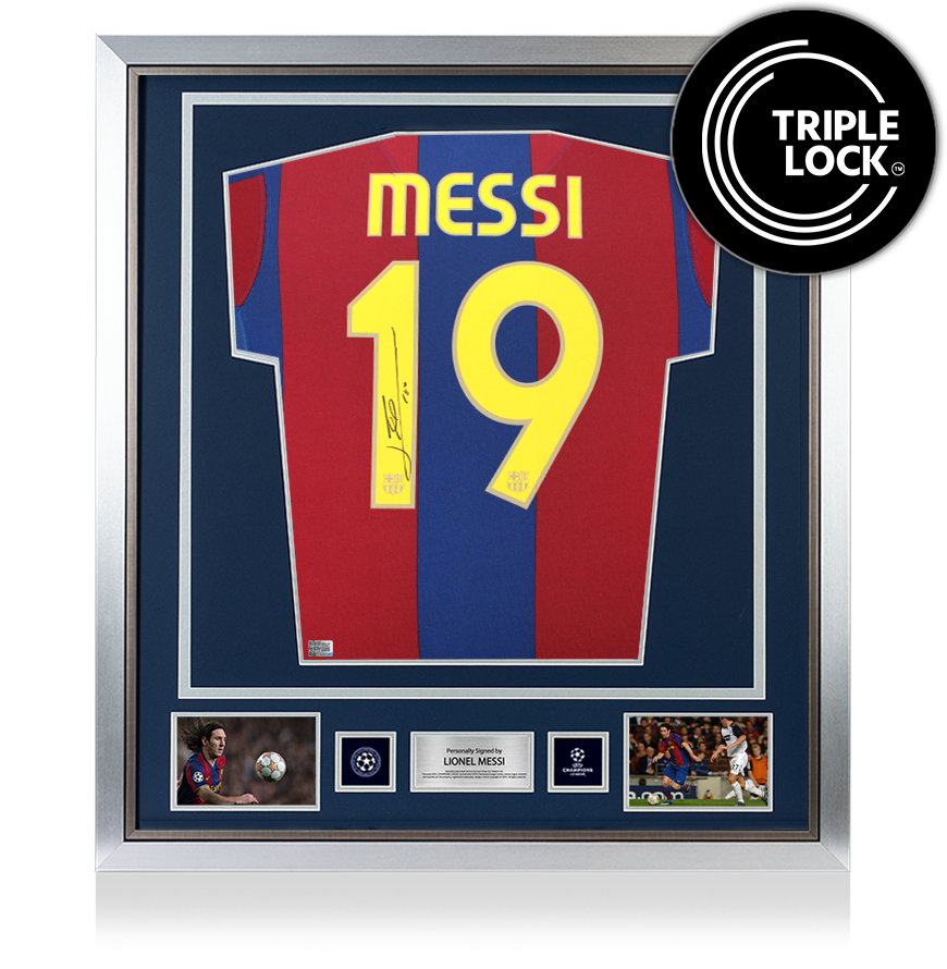 Lionel Messi Official UEFA Champions League Back Signed and Framed FC Barcelona 2007-08 Home Shirt