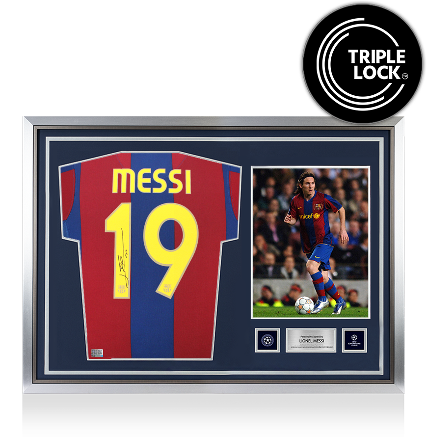 Lionel Messi Official UEFA Champions League Back Signed and Hero Framed FC Barcelona 2007-08 Home Shirt