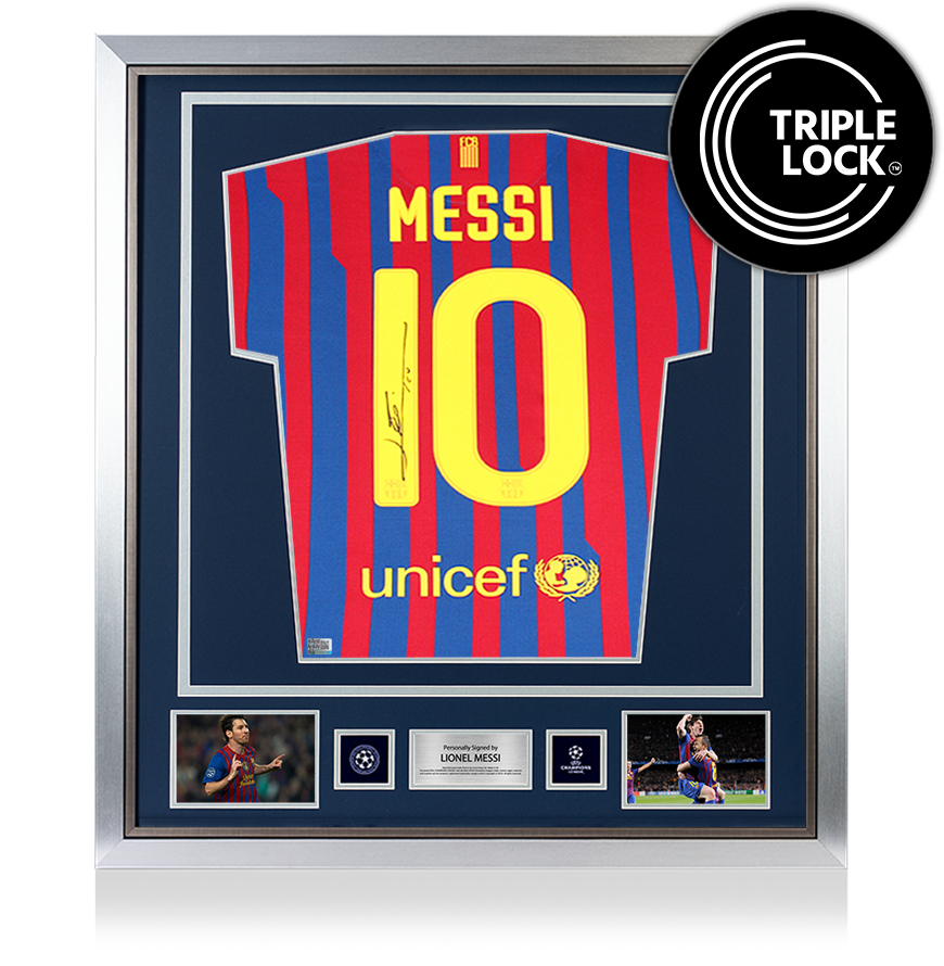 Lionel Messi Official UEFA Champions League Back Signed and Framed FC Barcelona 2011-12 Home Shirt