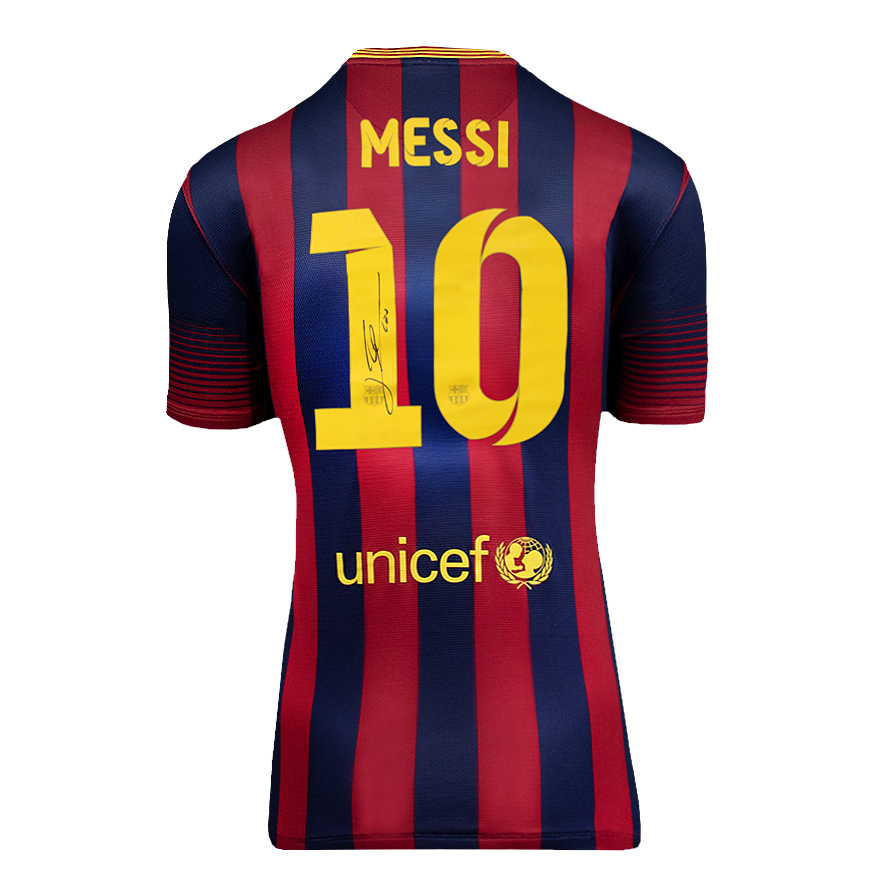 Lionel Messi Official UEFA Champions League Back Signed and Framed FC Barcelona 2013-14 Home Shirt