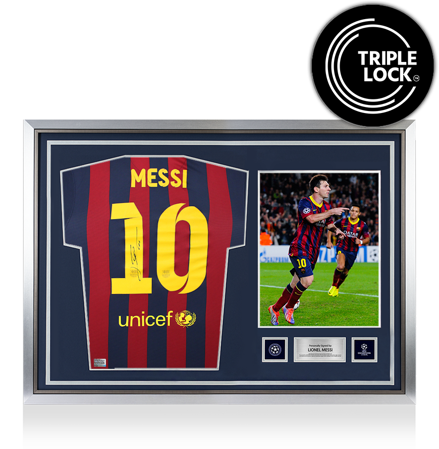 Lionel Messi Official UEFA Champions League Back Signed and Hero Framed FC Barcelona 2013-14 Home Shirt