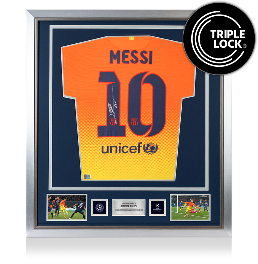 Lionel Messi Official UEFA Champions League Back Signed and Framed FC Barcelona 2012-13 Away Shirt